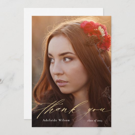 金ゴールドスクリプト卒業ありがとう写真 サンキューカード (正面/裏面)