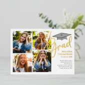 金ゴールドスクリプト卒業フォトコラージュテンプレート 箔招待状 (立ち正面)
