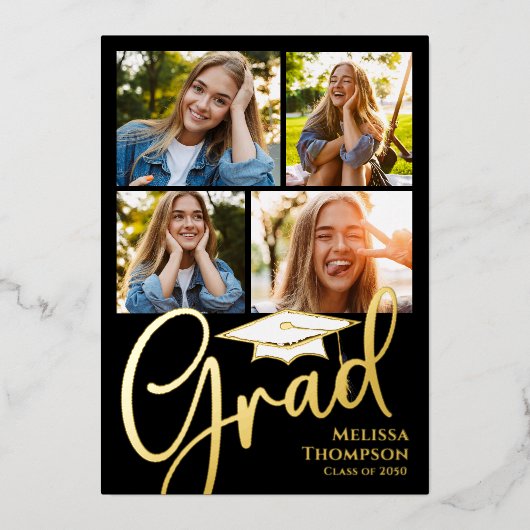 金ゴールドスクリプト卒業フォトコラージュテンプレート 箔招待状 (正面)
