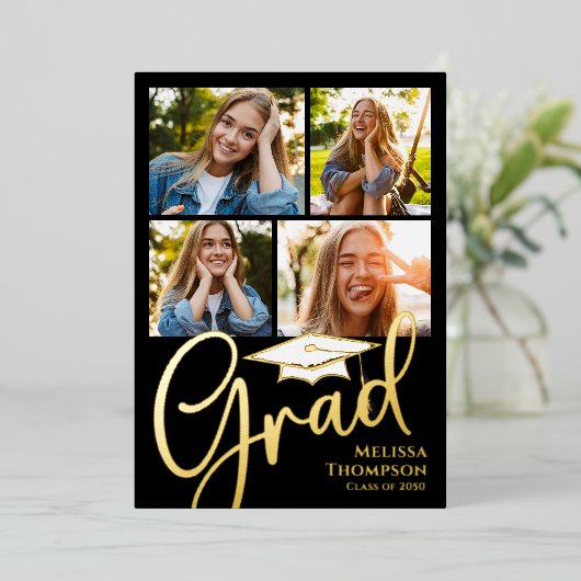 金ゴールドスクリプト卒業フォトコラージュテンプレート 箔招待状 (立ち正面)