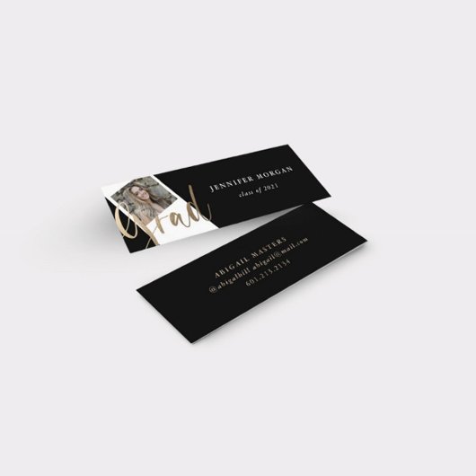 金ゴールドスクリプト卒業フォトネームカード スキニー名刺