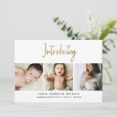 金ゴールドスクリプト導入カスタム3フォトベビー サンキューカード (スタンド正面)