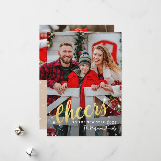 金ゴールドスクリプト応援の新年2フォトリネン シーズンカード (正面/裏面インサイチュ)