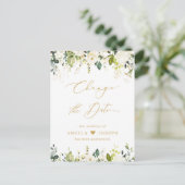 金ゴールドスクリプト日付の変更Greenery White Roses ポストカード (スタンド正面)