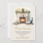 金ゴールドスクリプト暖炉の非フォトクリスマスカード シーズンカード (正面)
