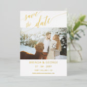 金ゴールドスクリプト書道2写真の保存日付 箔招待状 (立ち正面)