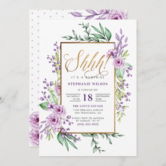 金ゴールドスクリプト水の色の驚きの誕生日パーティー 招待状 (正面/裏面)