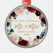 金ゴールドスクリプト水カラーフローラ初めてのクリスマス メタルオーナメント (正面)