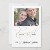 金ゴールドスクリプト水彩写真婚約パーティ 招待状 (正面)