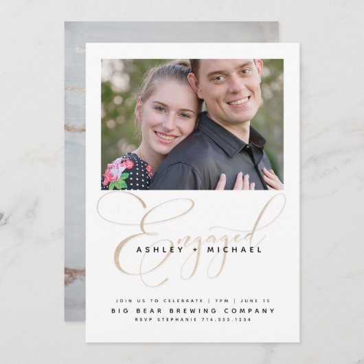 金ゴールドスクリプト水彩写真婚約パーティ 招待状 (正面/裏面)