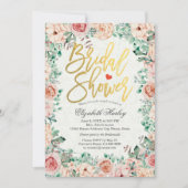 金ゴールドスクリプト水色フローラブライダルシャワー招待状 招待状 (正面)