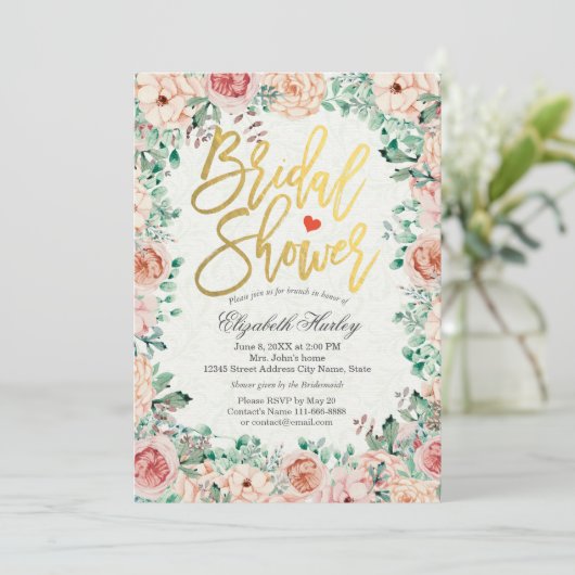 金ゴールドスクリプト水色フローラブライダルシャワー招待状 招待状 (スタンド正面)