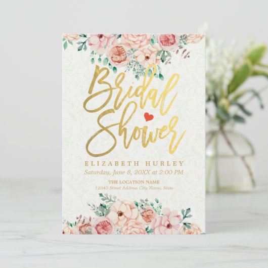 金ゴールドスクリプト水色フローラブライダルシャワー招待状 招待状 (スタンド正面)