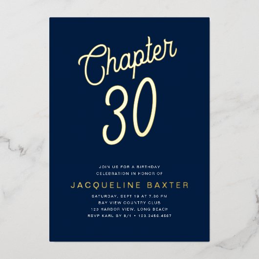 金ゴールドスクリプト第30章ブルー30th誕生日パーティー 箔招待状 (正面)