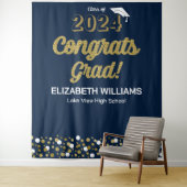 金ゴールドスクリプト紙吹雪おめでとうグラッドブルー タペストリー (インサイチュ)