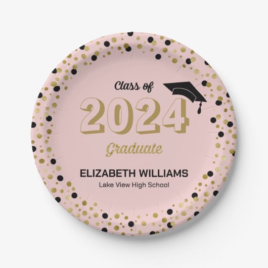 金ゴールドスクリプト紙吹雪卒業パーティーピンクPap ペーパープレート (正面)