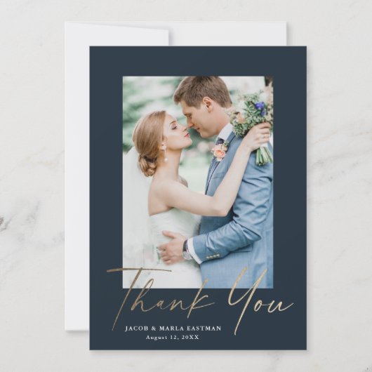 金ゴールドスクリプト結婚の写真 サンキューカード (正面)