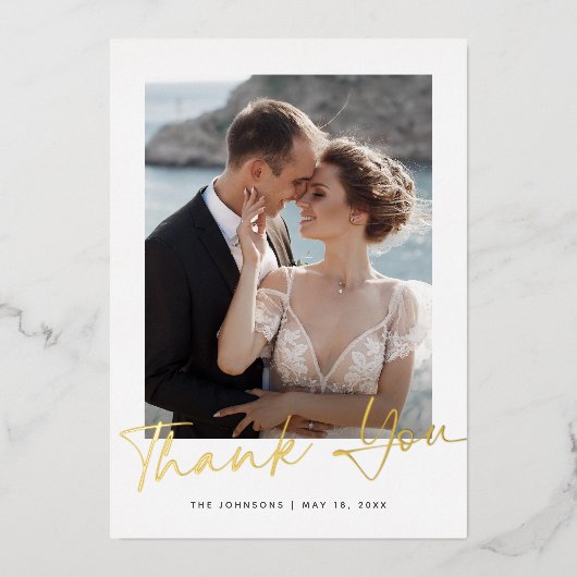 金ゴールドスクリプト結婚写真のサンキューカード 箔招待状 (正面)