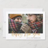 金ゴールドスクリプト緑のタータンチェックモダン写真新年 シーズンカード (正面)