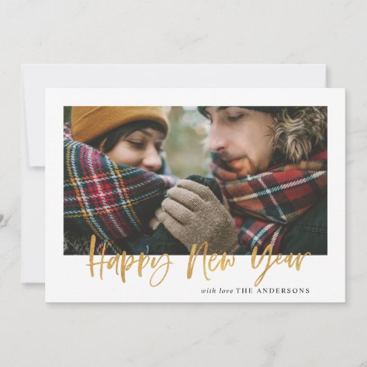 金ゴールドスクリプト緑のタータンチェックモダン写真新年 シーズンカード (正面)