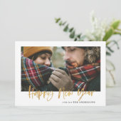 金ゴールドスクリプト緑のタータンチェックモダン写真新年 シーズンカード (スタンド正面)