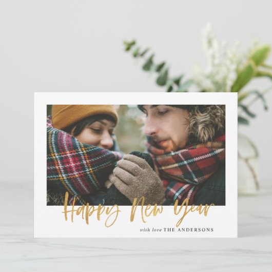 金ゴールドスクリプト緑のタータンチェックモダン写真新年 シーズンカード (スタンド正面)