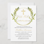 金ゴールドスクリプト緑のリース最初の聖餐式 招待状 (正面)