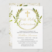 金ゴールドスクリプト緑のリース最初の聖餐式 招待状 (正面/裏面)