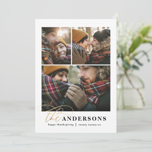 金ゴールドスクリプト緑の格子模様数々の写真の感謝祭 シーズンカード (スタンド正面)