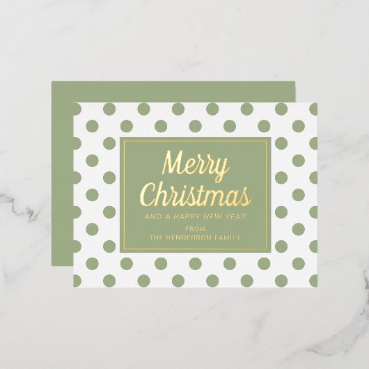 金ゴールドスクリプト緑の水玉模様メリークリスマス 箔シーズンポストカード (正面/裏面)