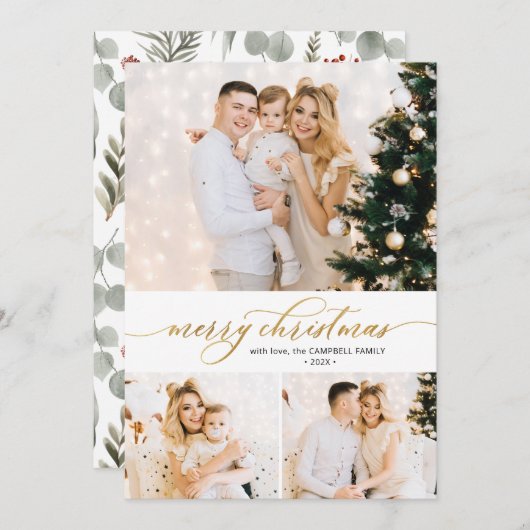 金ゴールドスクリプト葉3フォトコラージクリスマスカード シーズンカード (正面/裏面)