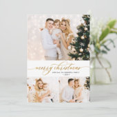 金ゴールドスクリプト葉3フォトコラージクリスマスカード シーズンカード (スタンド正面)