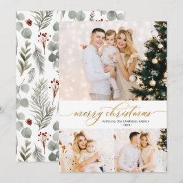 金ゴールドスクリプト葉3フォトコラージクリスマスカード シーズンカード