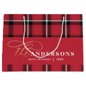 金ゴールドスクリプト赤いプレイドタータンチェック素朴なクリスマス ラージペーパーバッグ (正面)