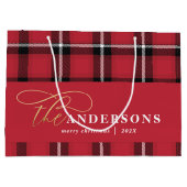 金ゴールドスクリプト赤いプレイドタータンチェック素朴なクリスマス ラージペーパーバッグ (裏面)