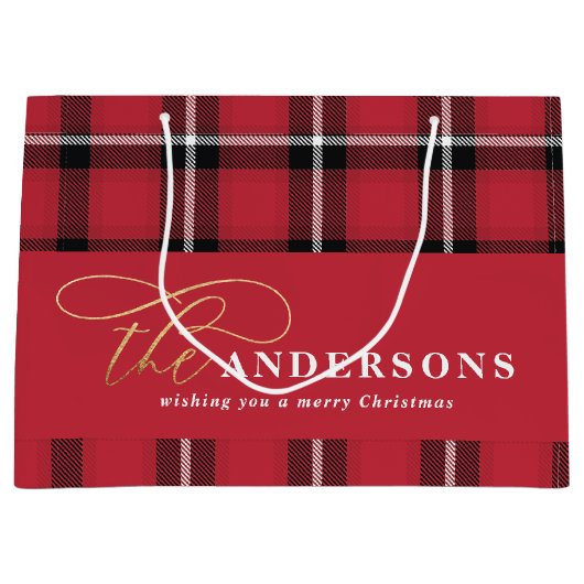 金ゴールドスクリプト赤い格子状タータンチェック素朴なクリスマスラッグ ラージペーパーバッグ (正面)