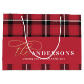 金ゴールドスクリプト赤い格子状タータンチェック素朴なクリスマスラッグ ラージペーパーバッグ (裏面)