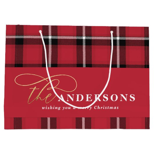 金ゴールドスクリプト赤い格子状タータンチェック素朴なクリスマスラッグ ラージペーパーバッグ (裏面)