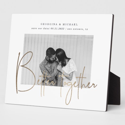 金ゴールドスクリプト1枚の写真の保存日付婚約 フォトプラーク (側面)