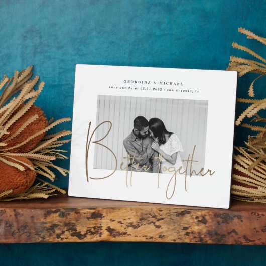 金ゴールドスクリプト1枚の写真の保存日付婚約 フォトプラーク (側面)