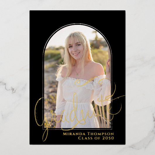 金ゴールドスクリプト2枚の写真の卒業テンプレート 箔招待状 (正面)