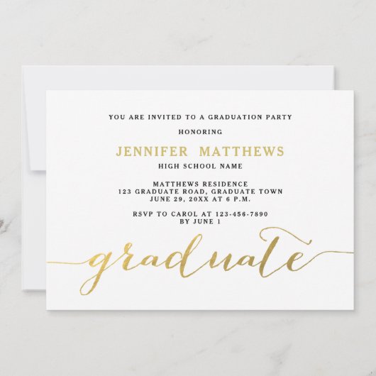 金ゴールドスクリプト3写真コラージュ卒業パーティー 招待状 (裏面)