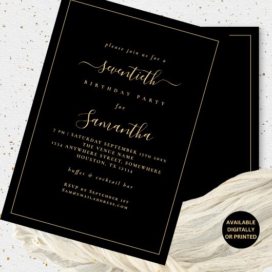 金ゴールドスクリプト70thバースデーパーティーブラック 招待状