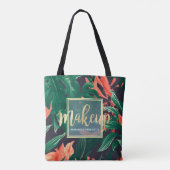 金ゴールドスクリプト&トロピカルフローラメイクアップ美しいサロン トートバッグ (裏面)