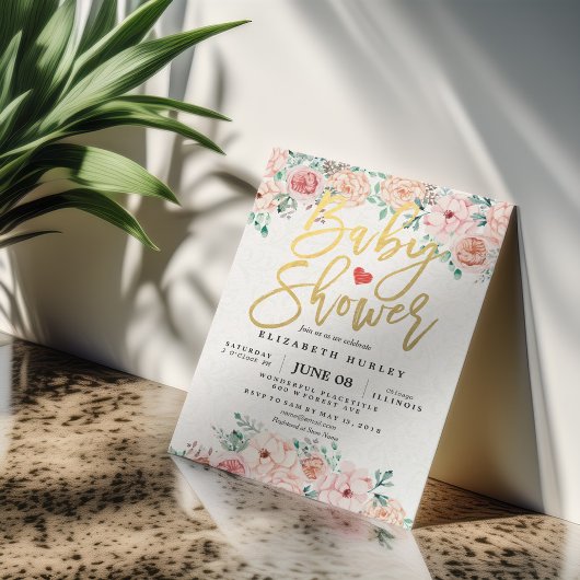 金ゴールドスクリプト&水彩フローラベビーシャワー招待状 招待状