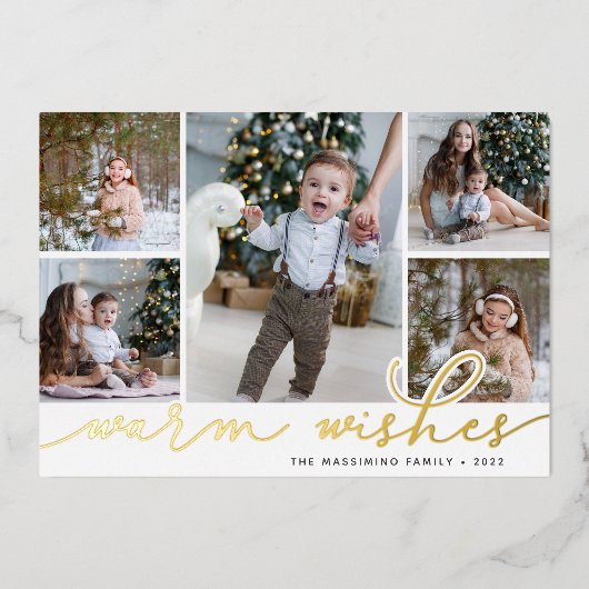 金ゴールドスクリプト | 5フォトコラージュの温かい願い 箔シーズンカード (正面)