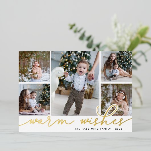 金ゴールドスクリプト | 5フォトコラージュの温かい願い 箔シーズンカード (立ち正面)