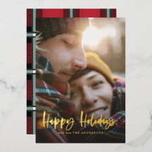 金ゴールドスクリプトhappy holidays赤いタータンチェック写真