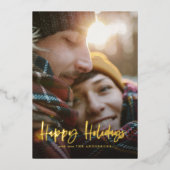 金ゴールドスクリプトhappy holidays赤いタータンチェック写真 箔シーズンカード (正面)