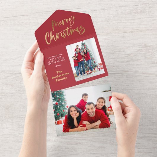 金ゴールドスクリプトmerry christmas redタータンチェック写真 オールインワン招待状 (貼ってはがせる)